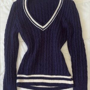 Elegant Navy V-Neck Sweater with White Stripes